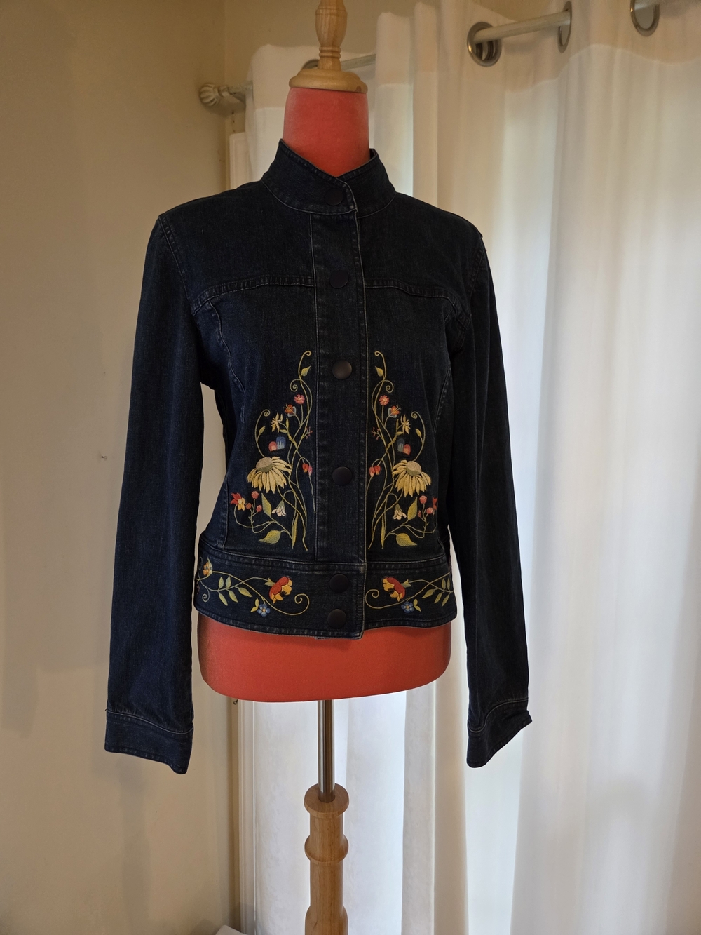Free People Dark Blue Denim Jacket with Floral Embroidery